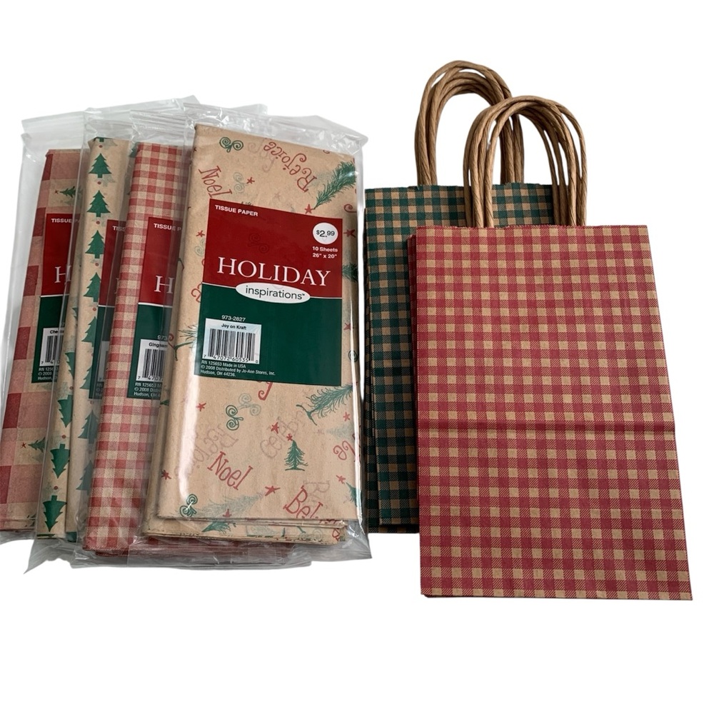 Red and Green Gingham Gift Bags with Festive Tissue Paper Bundle Farmhouse
